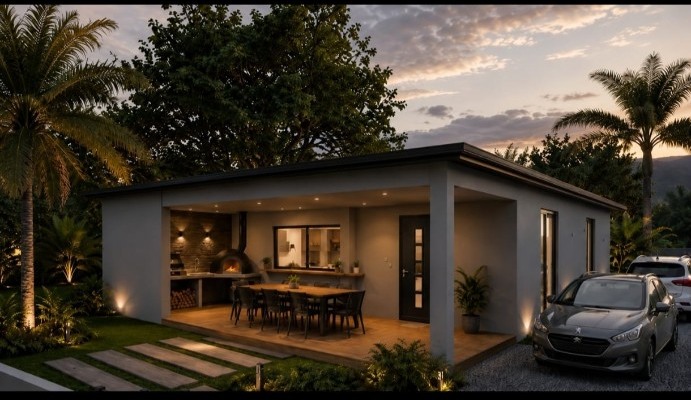 Perspective 3D d’une maison de plain-pied avec terrasse